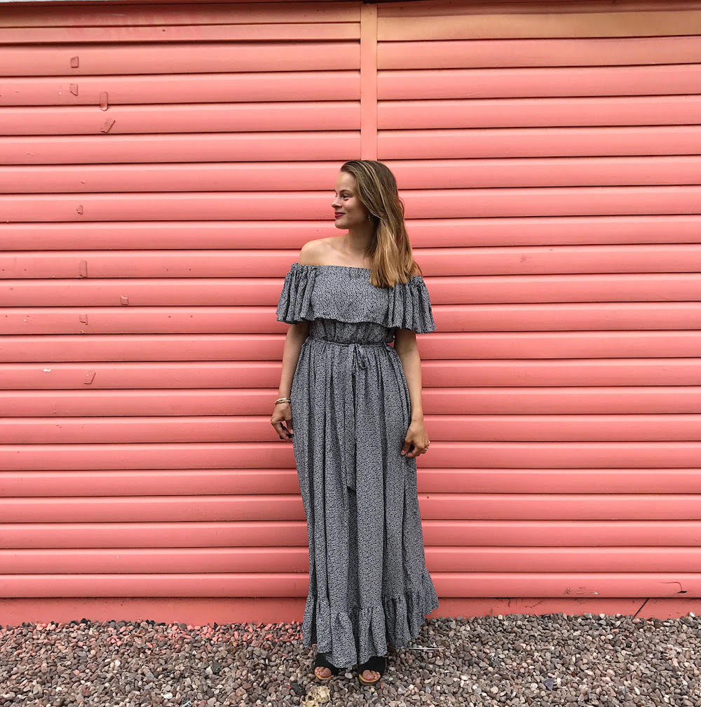 DIY Off the shoulder ruffle maxi dress with tiered gathered skirt