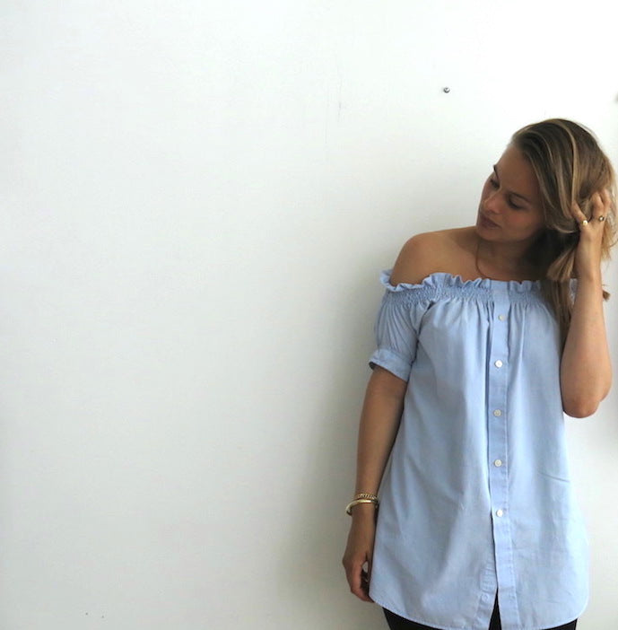 Easy DIY mens shirt refashion into off the shoulder top